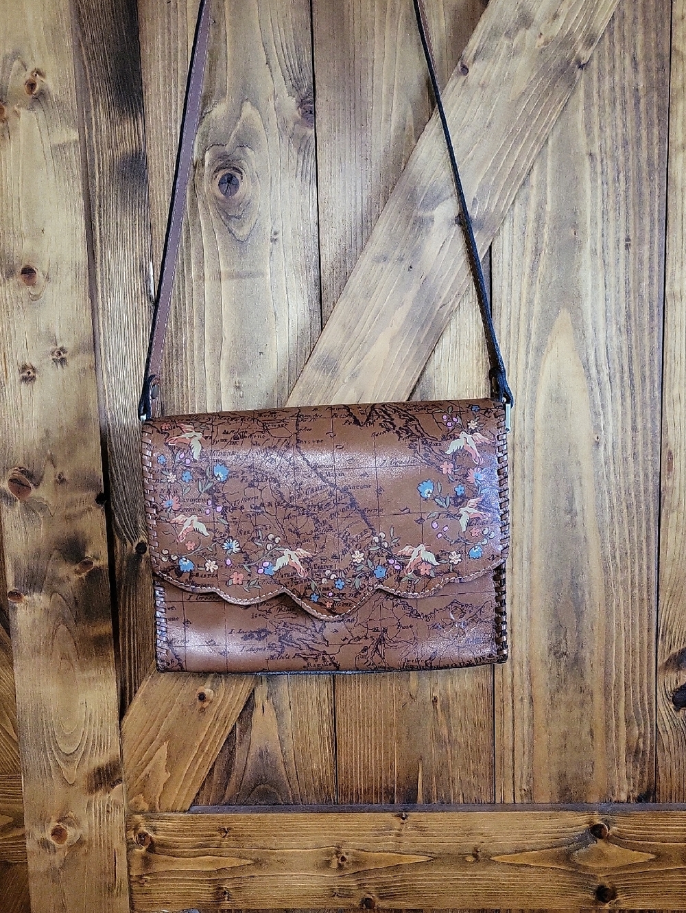 Patricia NASH LEATHER Brown Floral/ Map Embossed  Crossbody Bag,mint Condition